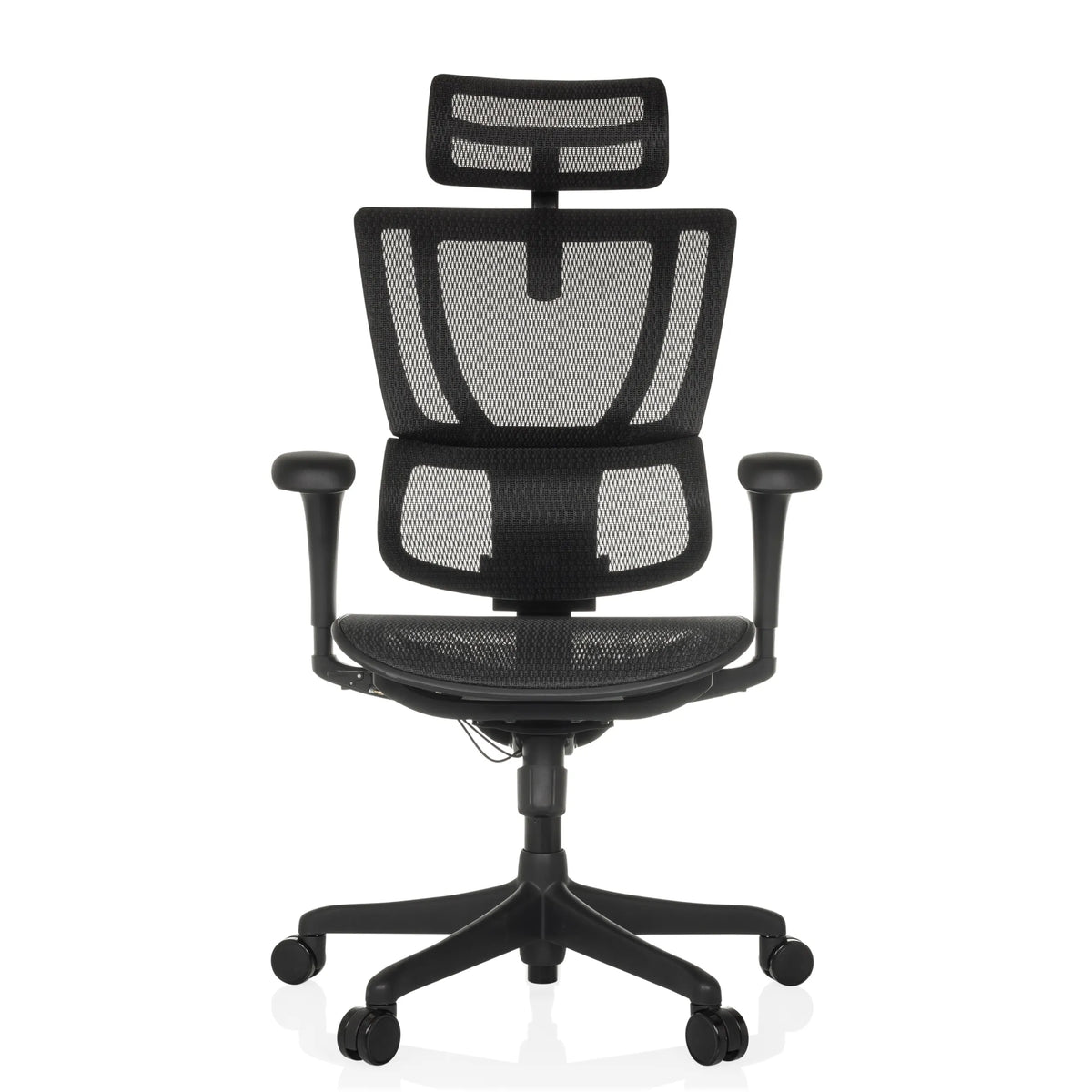 Schwarzer Luxus-Chefsessel ERGOHUMAN SLIM ECO M GEN2 mit Netzrücken und Fußkreuz mit fünf Rollen von hjh OFFICE – 360-Grad-Ansicht (Frontansicht 0°)