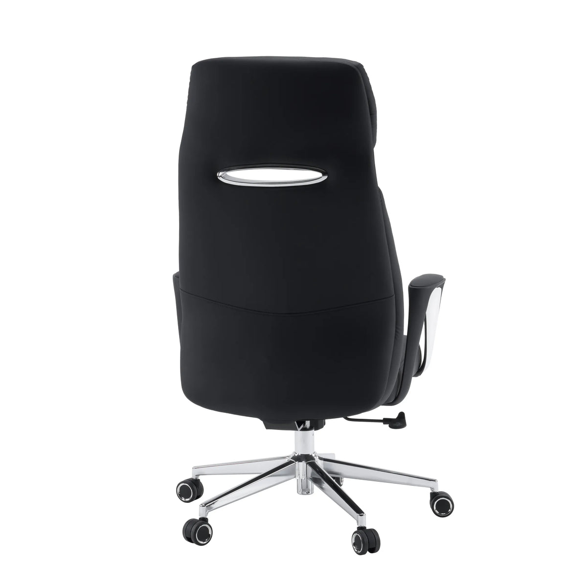 Rückansicht des Profi-Chefsessels VELVET ECO in Schwarz mit Chromgestell und Teppichbodenrollen von hjh OFFICE