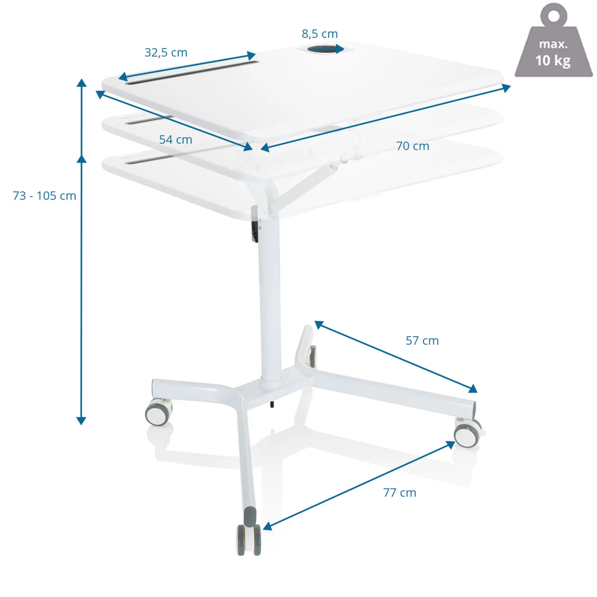 Maßzeichnung des Stehschreibtisches STAND VM-SU I mit einer Höhe von 73-105 cm von hjh OFFICE