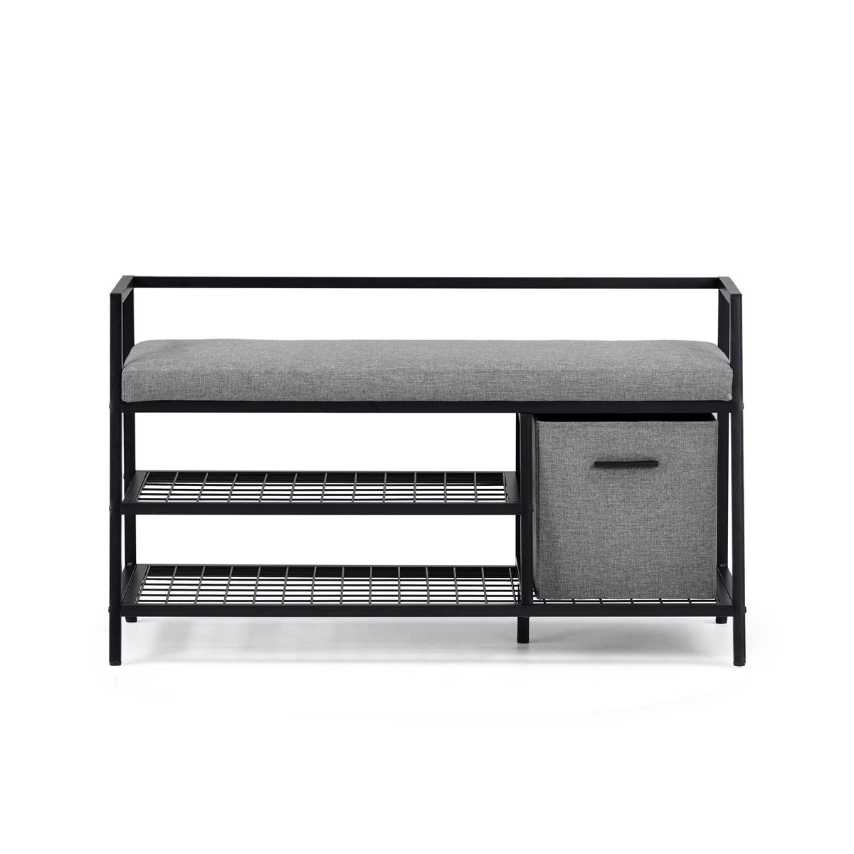 Schwarz-grauer Schuhschrank Estha Loft mit Sitzpolster, zwei Ablagen und einem Stoffbehälter von hjh LIVING – 360-Grad-Ansicht (Frontansicht 0°)