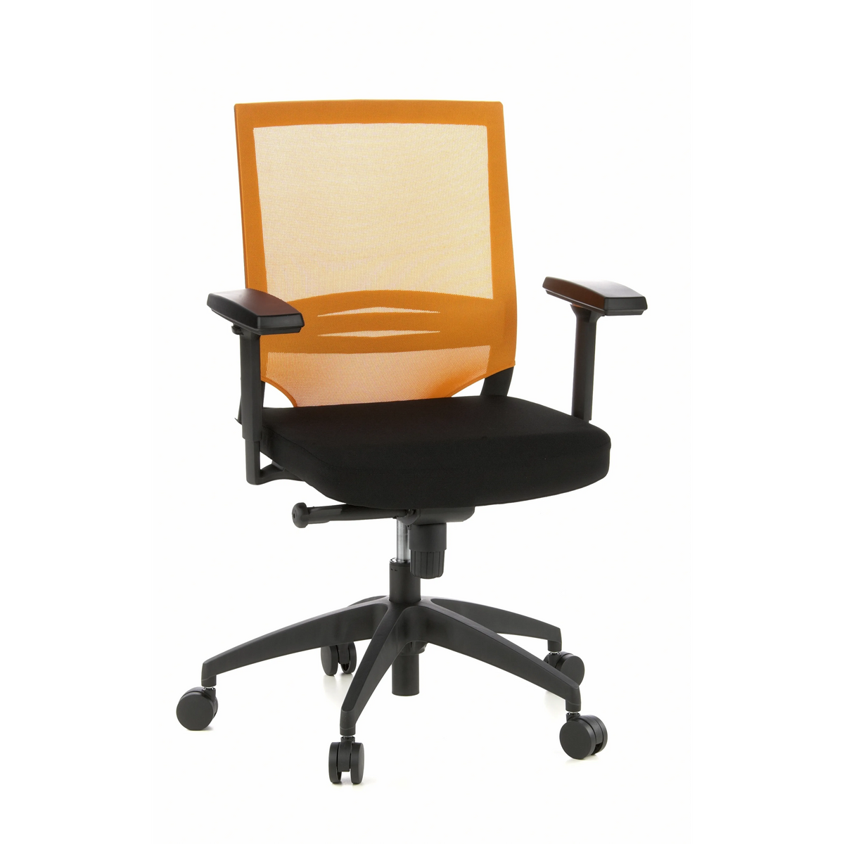 Schwarz-orangefarbener Profi-Bürostuhl PORTO BASE mit Netzrücken und Fußkreuz mit fünf Rollen von hjh OFFICE – 360-Grad-Ansicht (Frontansicht 20°)