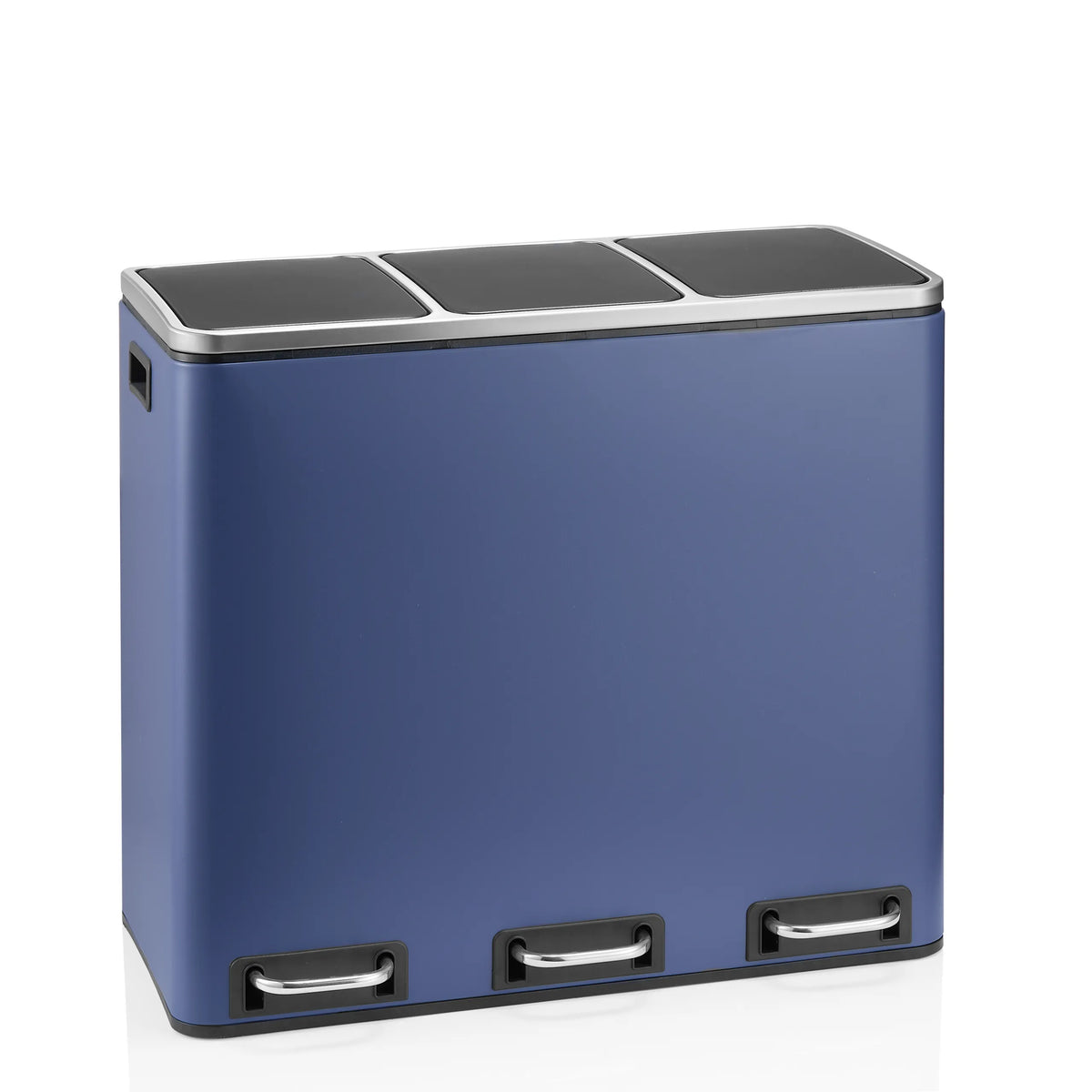Blauer Mülleimer Clean 9 mit drei Fächern und silbernen Griffen von hjh OFFICE – 360-Grad-Ansicht (Frontansicht 15°)