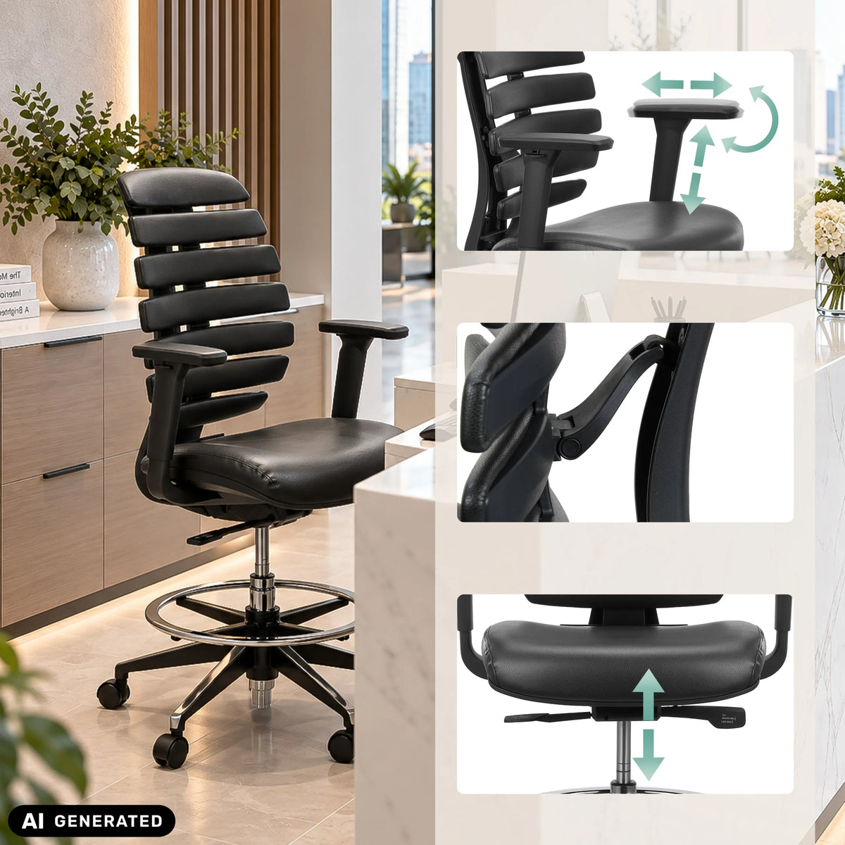 Verstellbare Armlehnen und Gaslift-Höhenverstellung des Counterstuhls ERGO LINE II WORK in Schwarz von hjh OFFICE