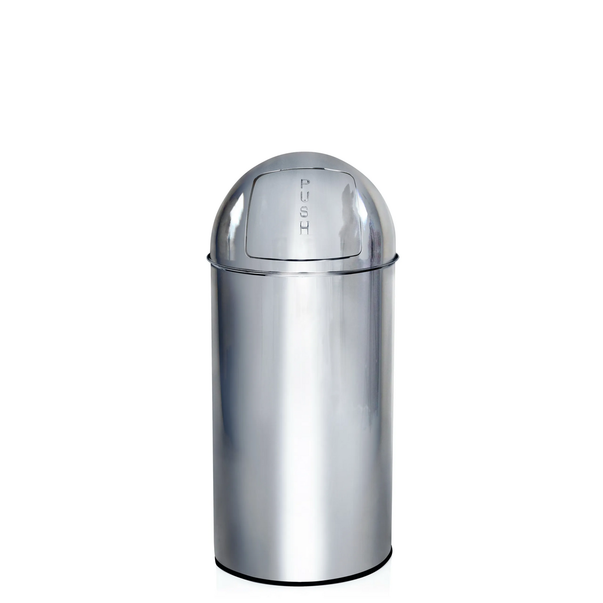Chromfarbener Mülleimer PUSH 35L mit kuppelförmigem Push-Deckel von hjh OFFICE – 360-Grad-Ansicht (Frontansicht 0°)