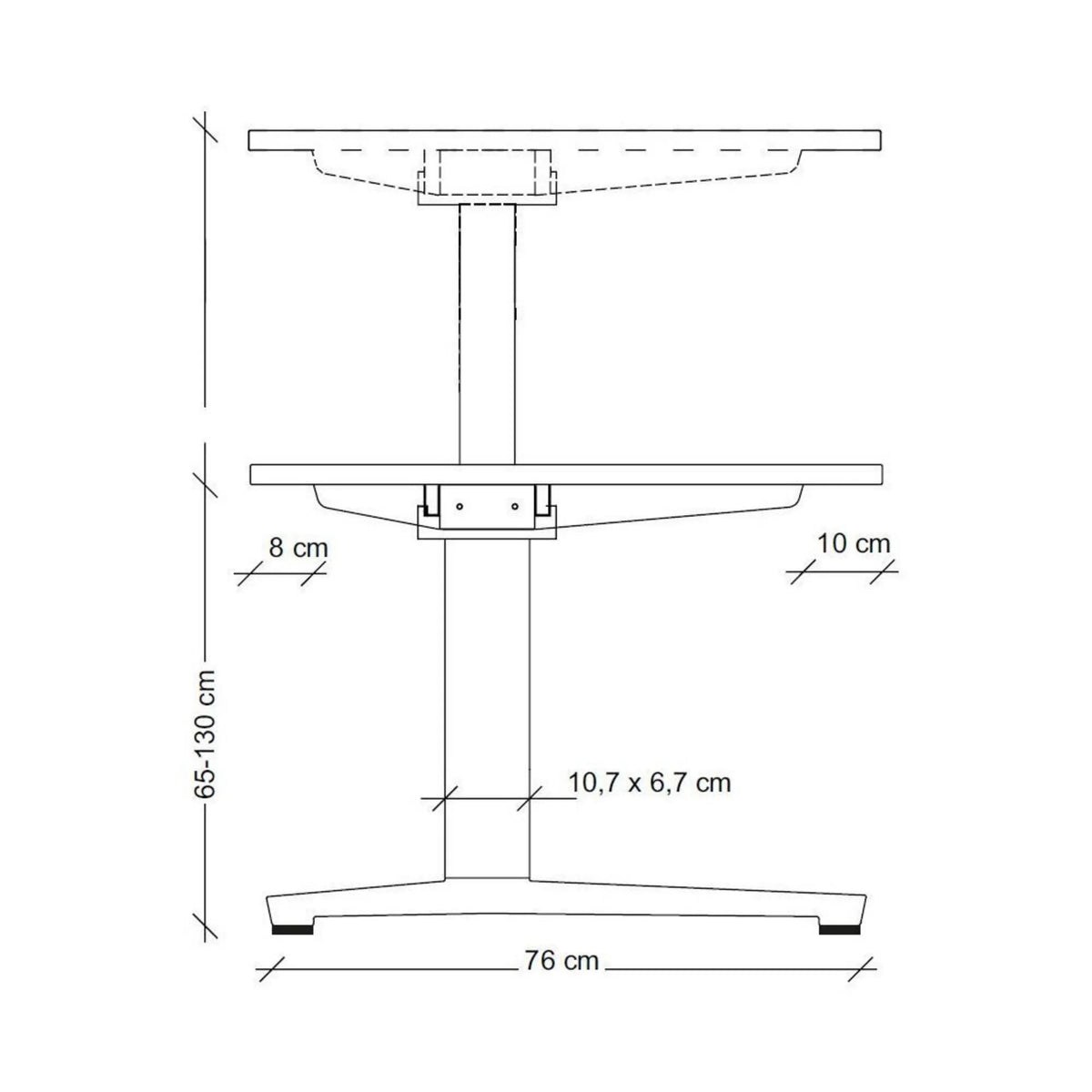 Maßzeichnung des höhenverstellbaren Schreibtischs XBHM 12 WW mit einer Höhe von 65-130 cm von hjh OFFICE PRO