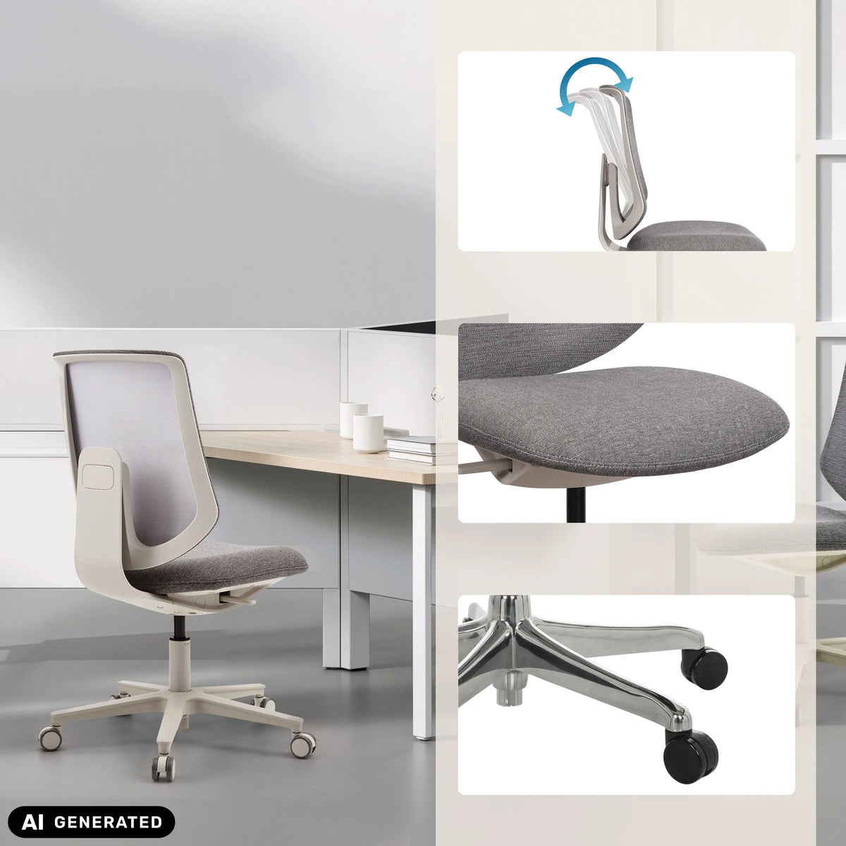 Grauer Homeoffice-Bürostuhl Sitflex Lady mit Details zu Rückenlehne, Sitz und Rollen von hjh OFFICE (KI-generiertes Bild)