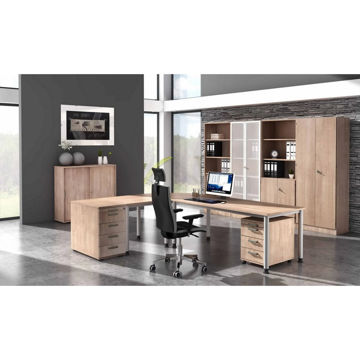 L-förmiger Schreibtisch HILO 82 S in Asteiche mit zwei Schubladenelementen und Bürostuhl von hjh OFFICE PRO