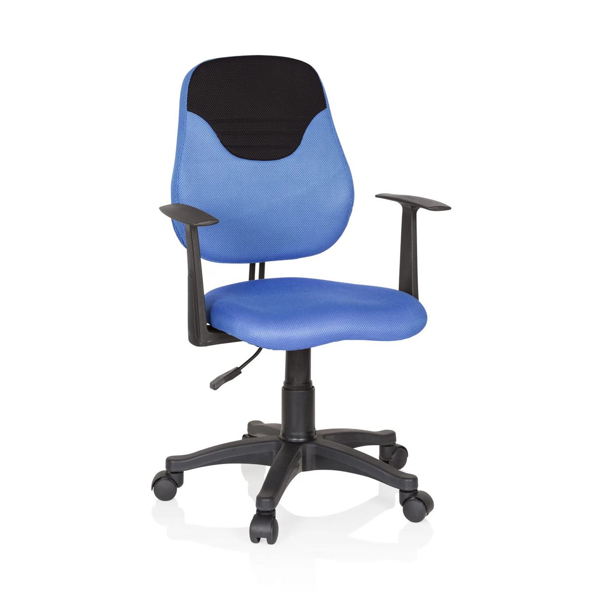 Blauer Kinderdrehstuhl KIDDY STYLE mit Netzrücken, Armlehnen und Fußkreuz mit fünf Rollen von hjh OFFICE – 360-Grad-Ansicht (Frontansicht 20°)