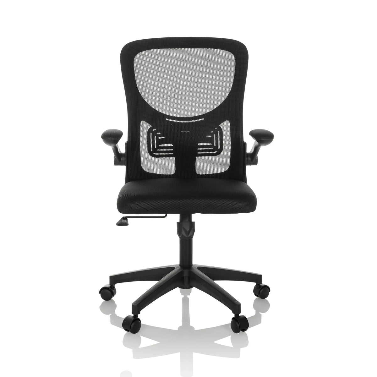 Schwarzer Homeoffice-Bürostuhl BELIO mit Netzrücken und Fußkreuz mit fünf Rollen von hjh OFFICE – 360-Grad-Ansicht (Frontansicht 0°)