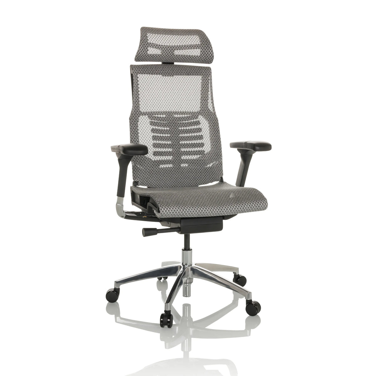 Hellgrauer High-End-Bürostuhl POFIT GEN2 mit Netzrücken und Fußkreuz mit fünf Rollen von hjh OFFICE – 360-Grad-Ansicht (Frontansicht 15°)