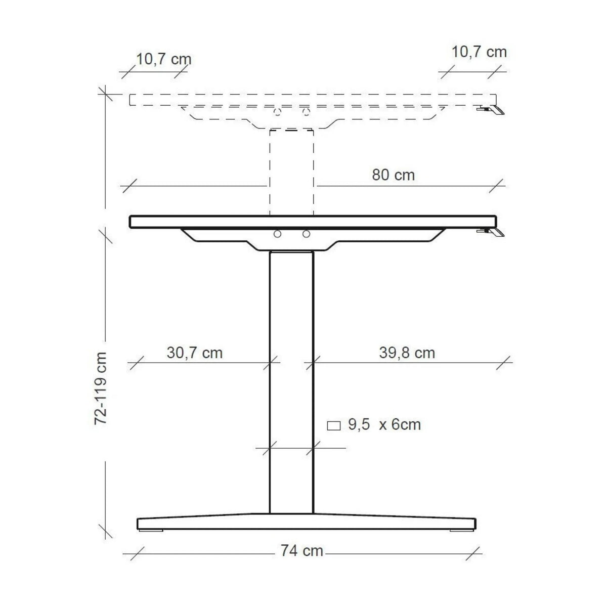 Maßzeichnung des höhenverstellbaren Schreibtischs XMKA 16 S mit einer Höhe von 72-119 cm von hjh OFFICE PRO