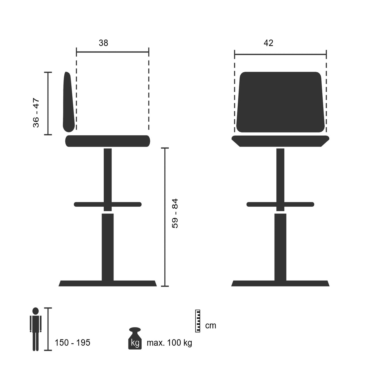 Technische Zeichnung des Counterstuhls TOP WORK 11 I mit einer Sitzhöhe von 59–84 cm von hjh OFFICE