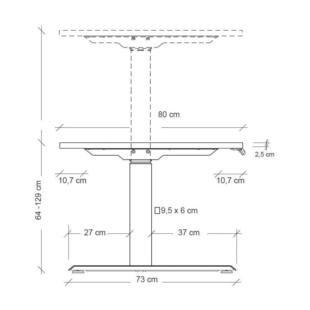 Maßzeichnung des höhenverstellbaren Schreibtischs XDKB 16 G mit einer Höhe von 64 bis 129 cm von hjh OFFICE PRO