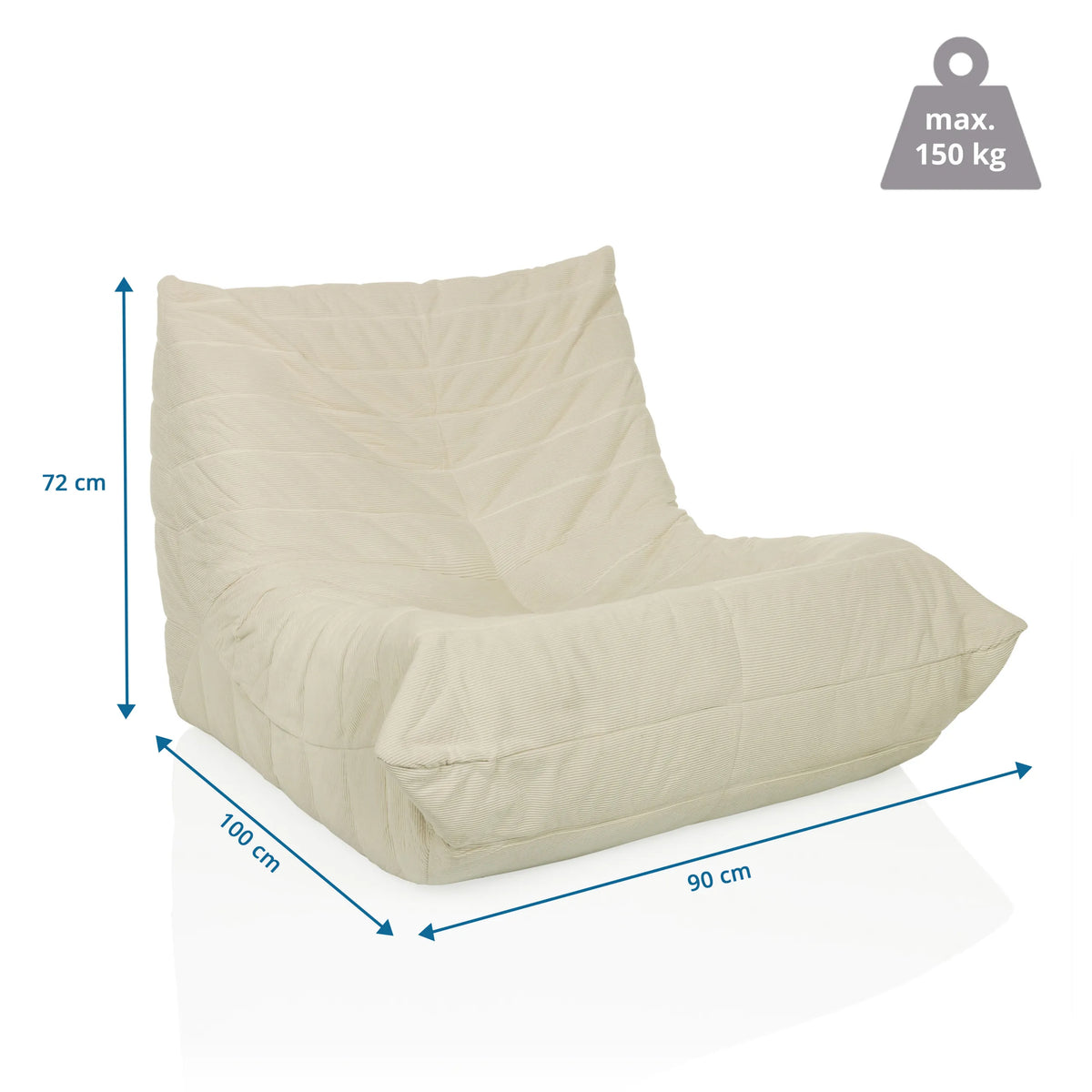 Maßansicht des Loungesessels Sitzolo mit 100 × 90 cm und einer maximalen Belastung von 150 kg von hjh LIVING