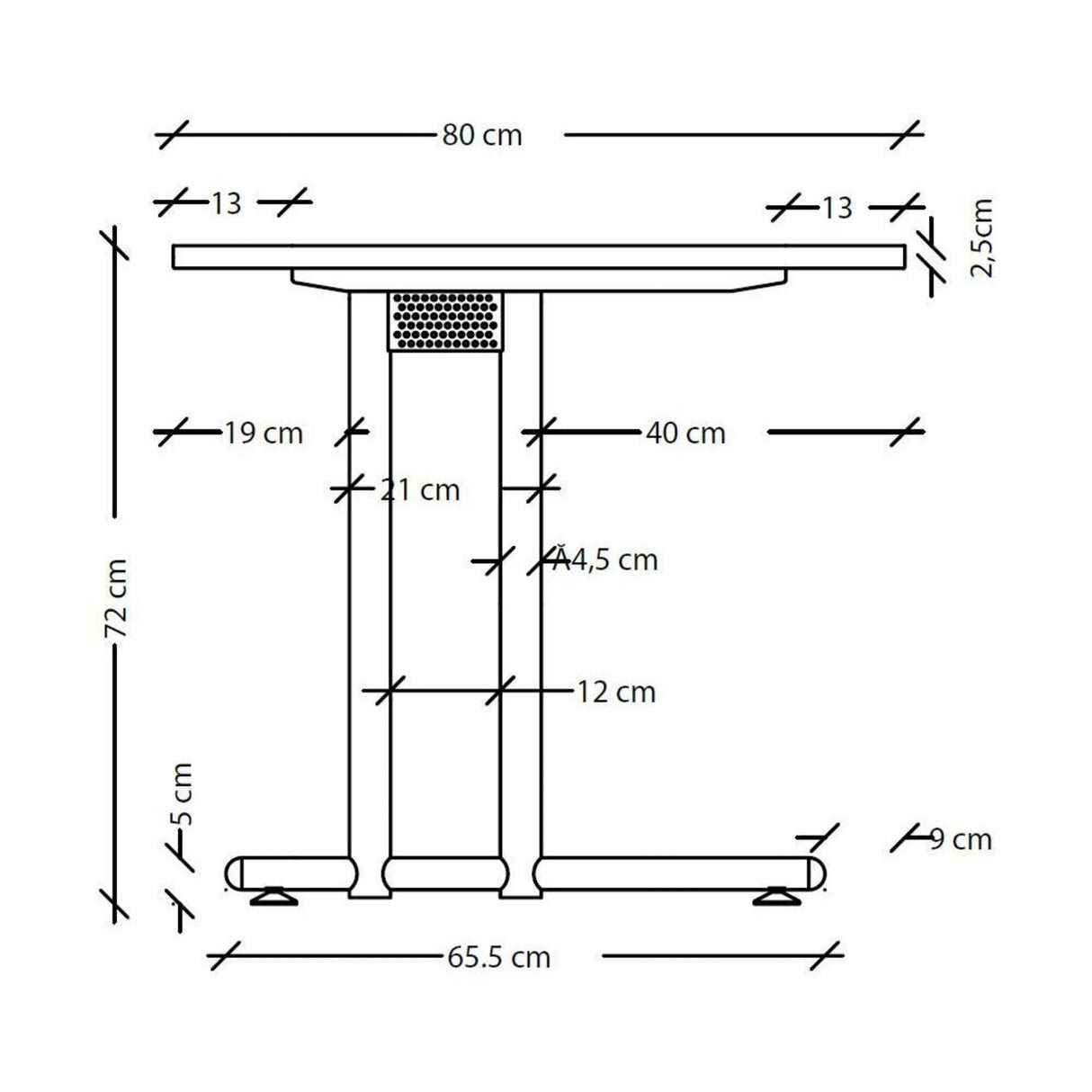 Maßzeichnung des Schreibtisches NANO 82 S der Serie NANO mit einer Höhe von 72 cm von hjh OFFICE PRO