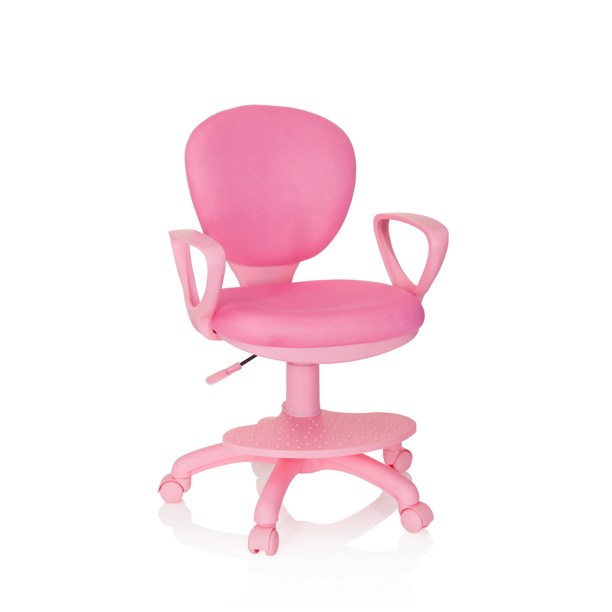 Rosa Kinderdrehstuhl KID COLOUR mit Armlehnen und Fußkreuz mit fünf Rollen von hjh OFFICE – 360-Grad-Ansicht (Frontansicht 20°)