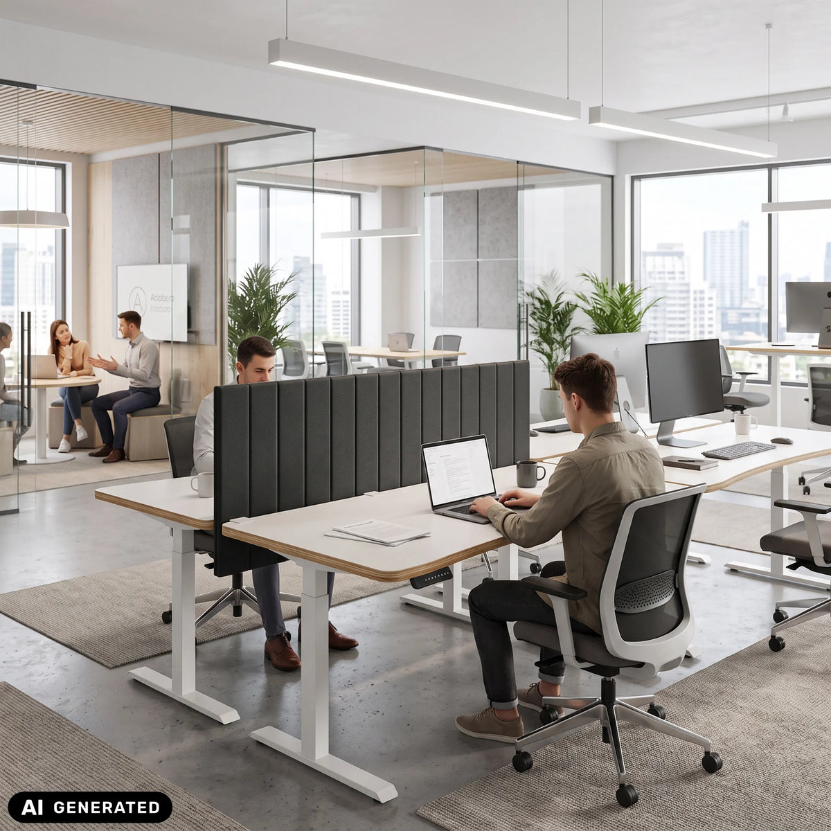 Dunkelgraue Tischtrennwände FLEXMIUT ROLL in einer Büroumgebung auf weißen Schreibtischen von hjh OFFICE