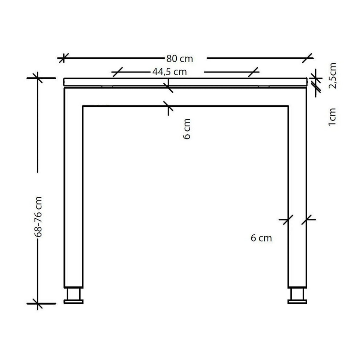 Maßzeichnung des höhenverstellbaren Schreibtischs JAVA 82 S mit einer Breite von 80 cm und Höhe 68-76 cm von hjh OFFICE PRO