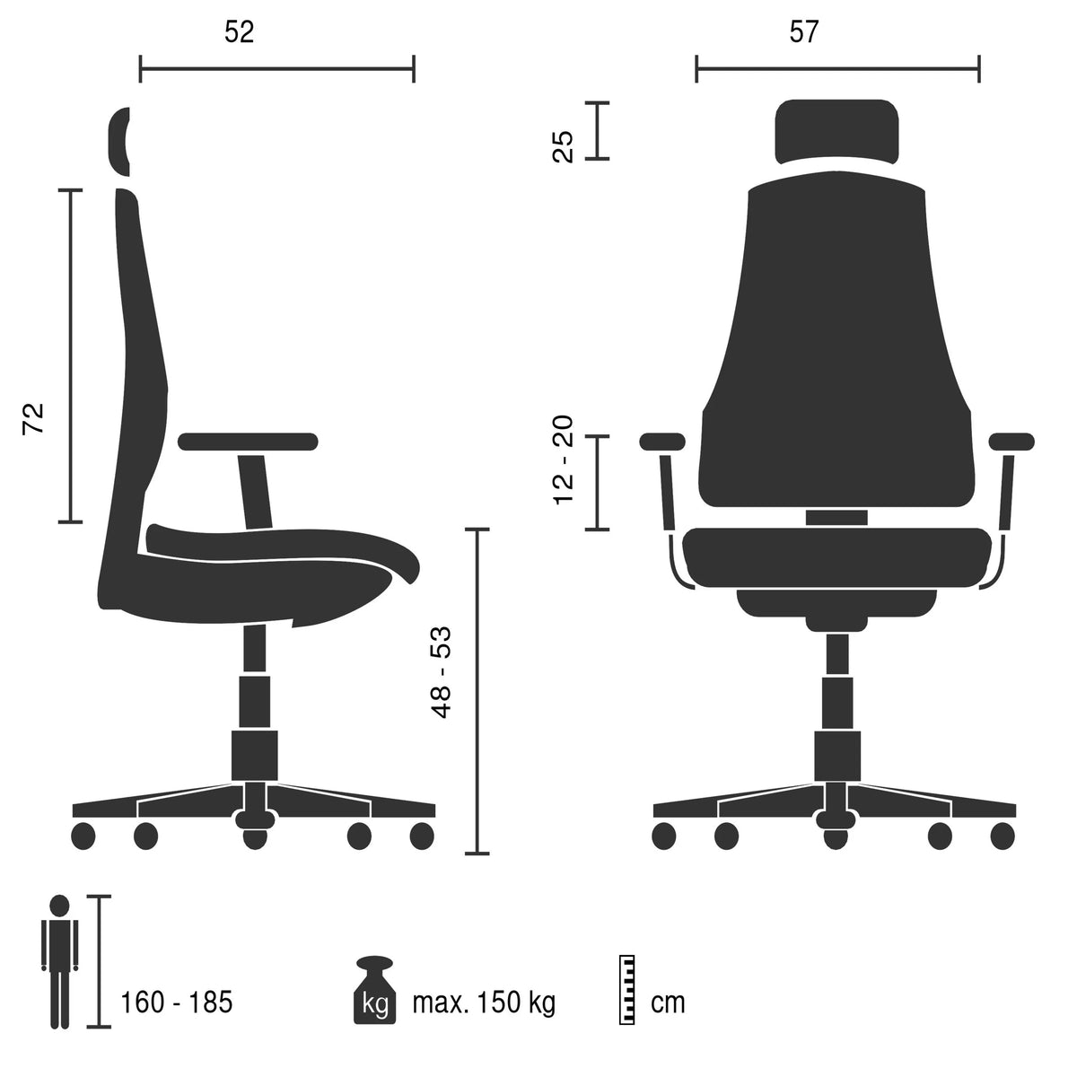 Technische Zeichnung des Drehstuhls XXL Pullmann Gen2 mit einer maximalen Belastbarkeit von 150 kg von hjh OFFICE