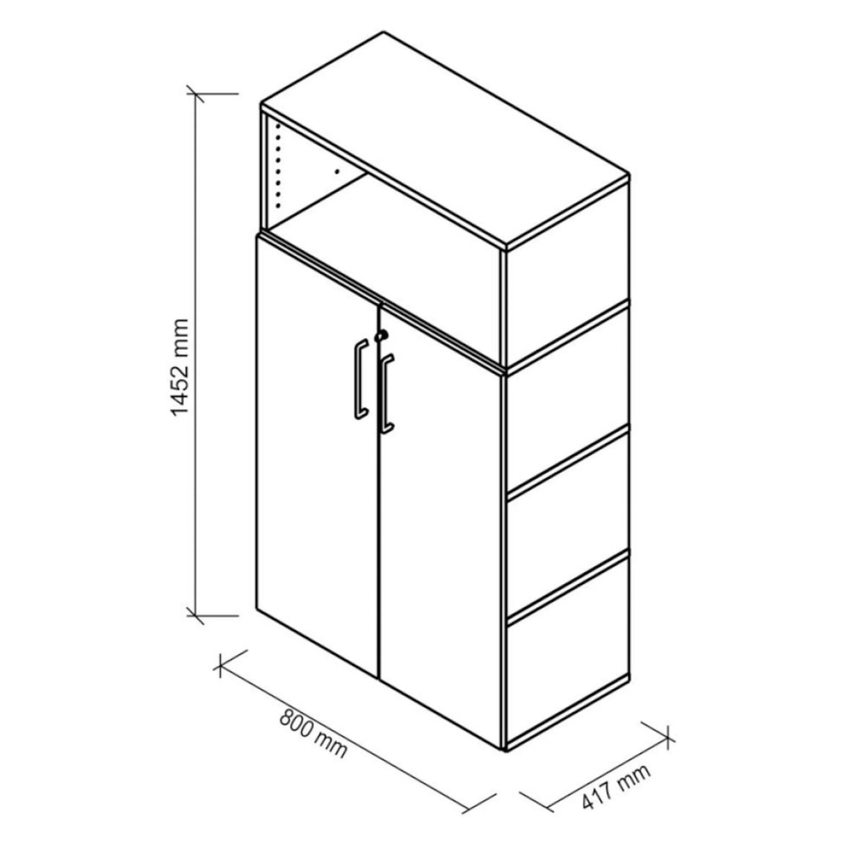 Technische Zeichnung des Aktenschranks FlexWall mit 1452 × 800 mm von hjh OFFICE PRO