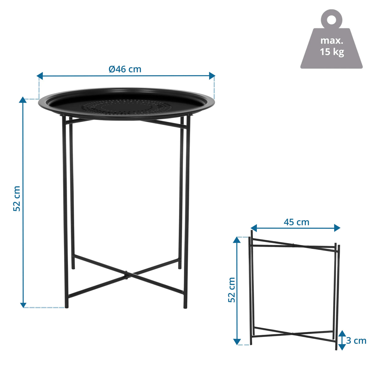 Technische Zeichnung des Beistelltischs ALLRUND mit 46 cm Durchmesser und 52 cm Höhe von hjh LIVING