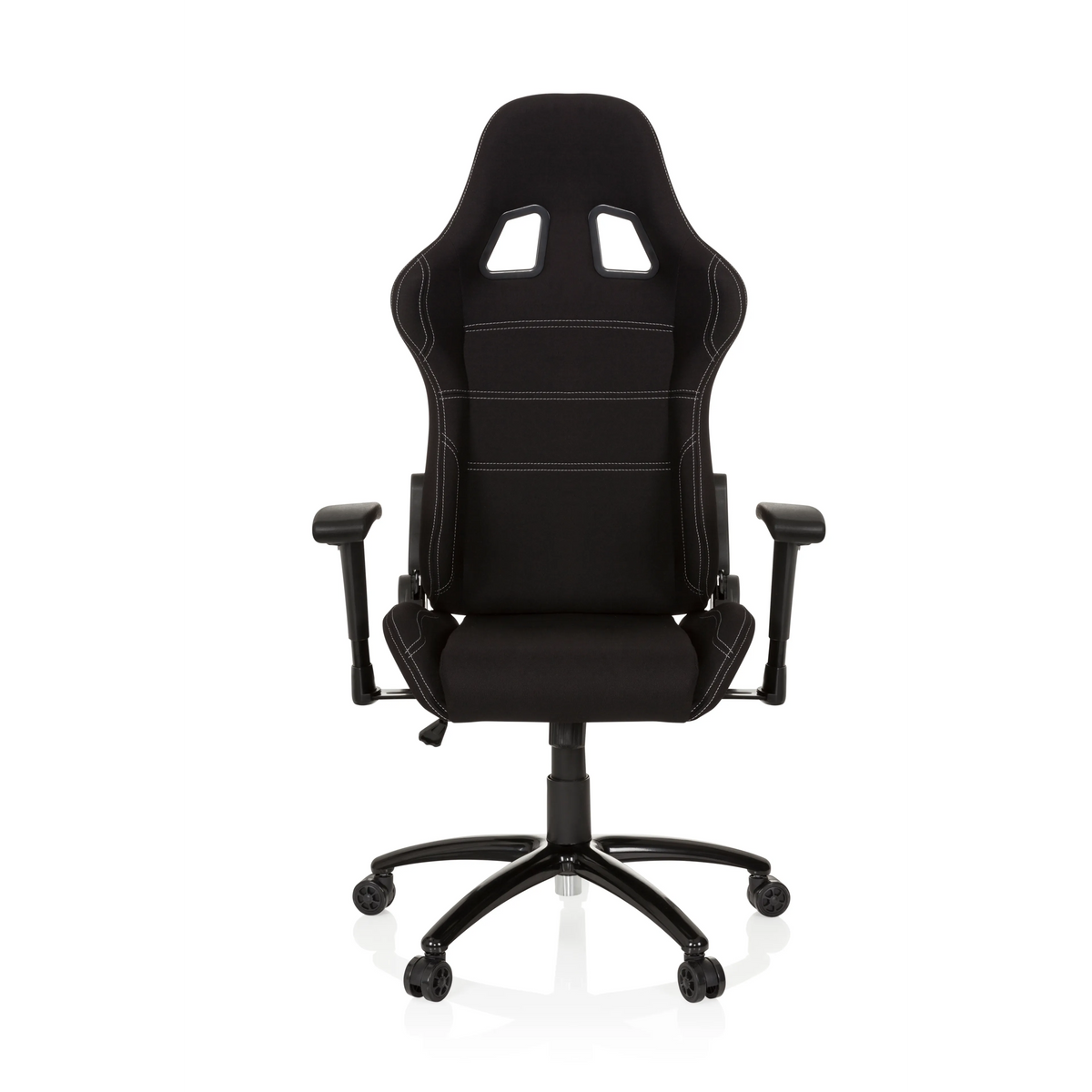 Schwarzer Gamingstuhl GAME FORCE mit Kopfstütze, Armlehnen und Fußkreuz mit fünf Rollen von hjh OFFICE – 360-Grad-Ansicht (Frontansicht 0°)