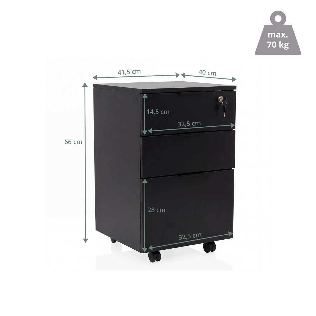 Maßzeichnung des Rollcontainers DAVIK mit einer Höhe von 66 cm und einer Belastbarkeit von 70 kg von hjh OFFICE