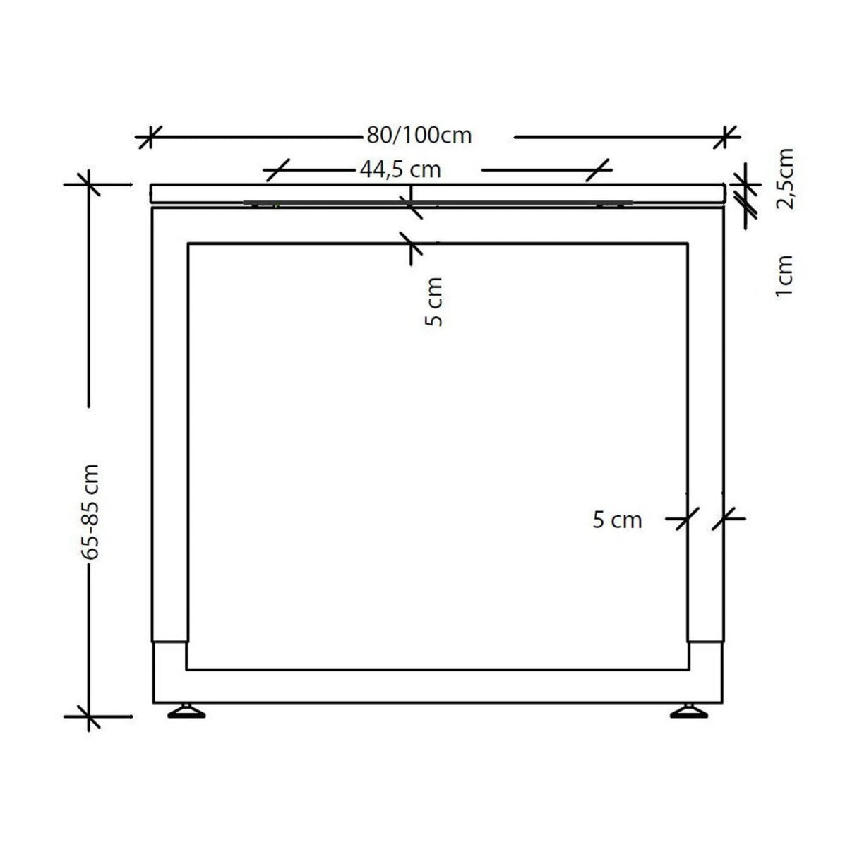 Maßzeichnung des Schreibtisches REGO 82 S mit Breite 80/100 cm und Höhe 65-85 cm von hjh OFFICE PRO