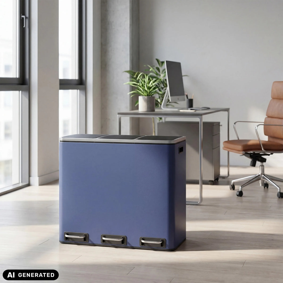 Blauer Mülleimer Clean 9 mit drei Fächern im Büro von hjh OFFICE (KI-generiertes Bild)