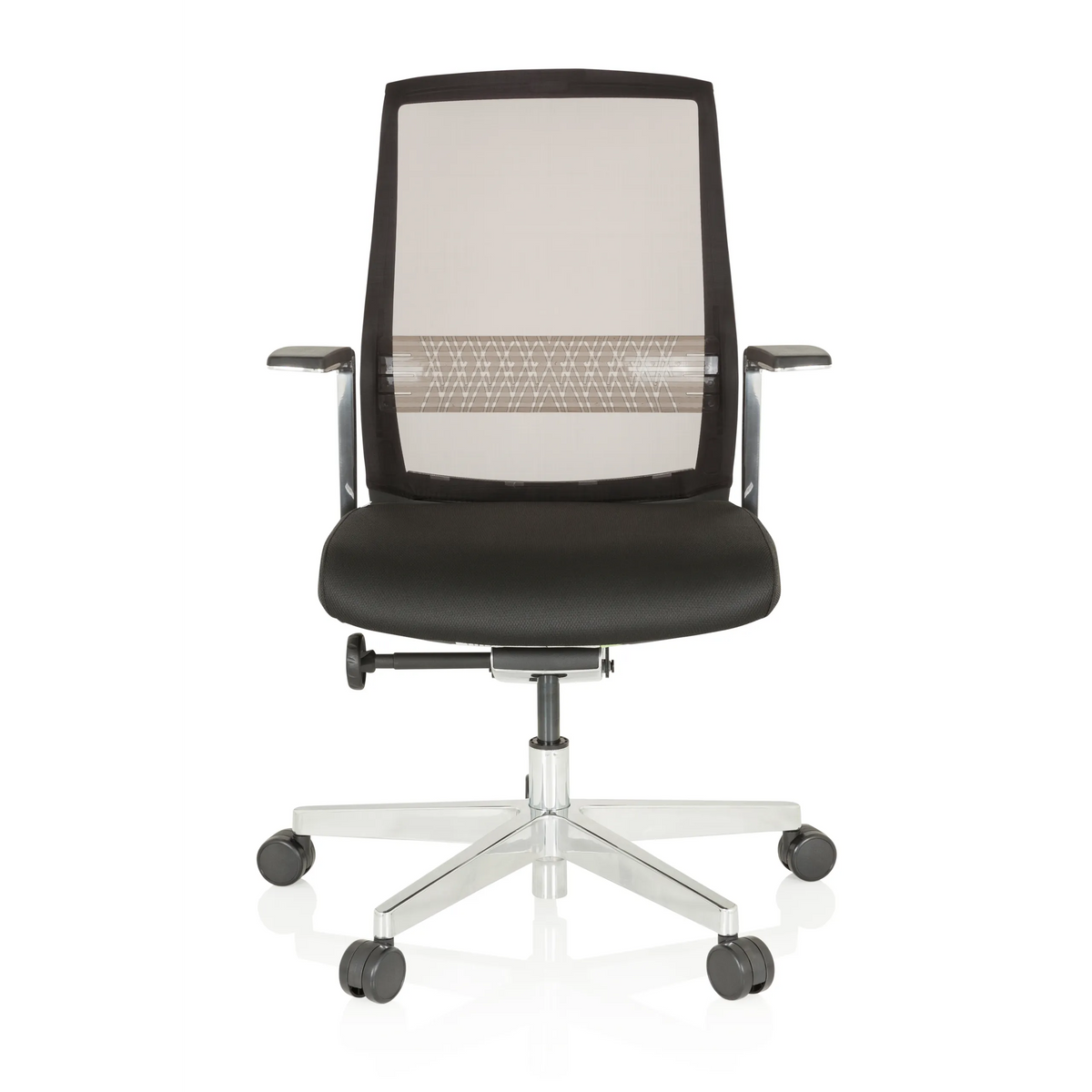 Schwarzer High-End-Bürostuhl FOUNTAINE PRO mit Netzrücken und Fußkreuz mit fünf Rollen von hjh OFFICE – 360-Grad-Ansicht (Frontansicht 0°)