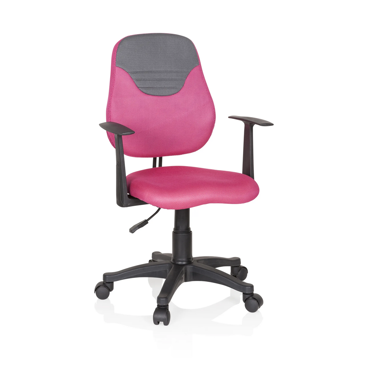 Pink-grauer Kinderdrehstuhl KIDDY STYLE mit Netzrücken und Fußkreuz mit fünf Rollen von hjh OFFICE – 360-Grad-Ansicht (Frontansicht 20°)