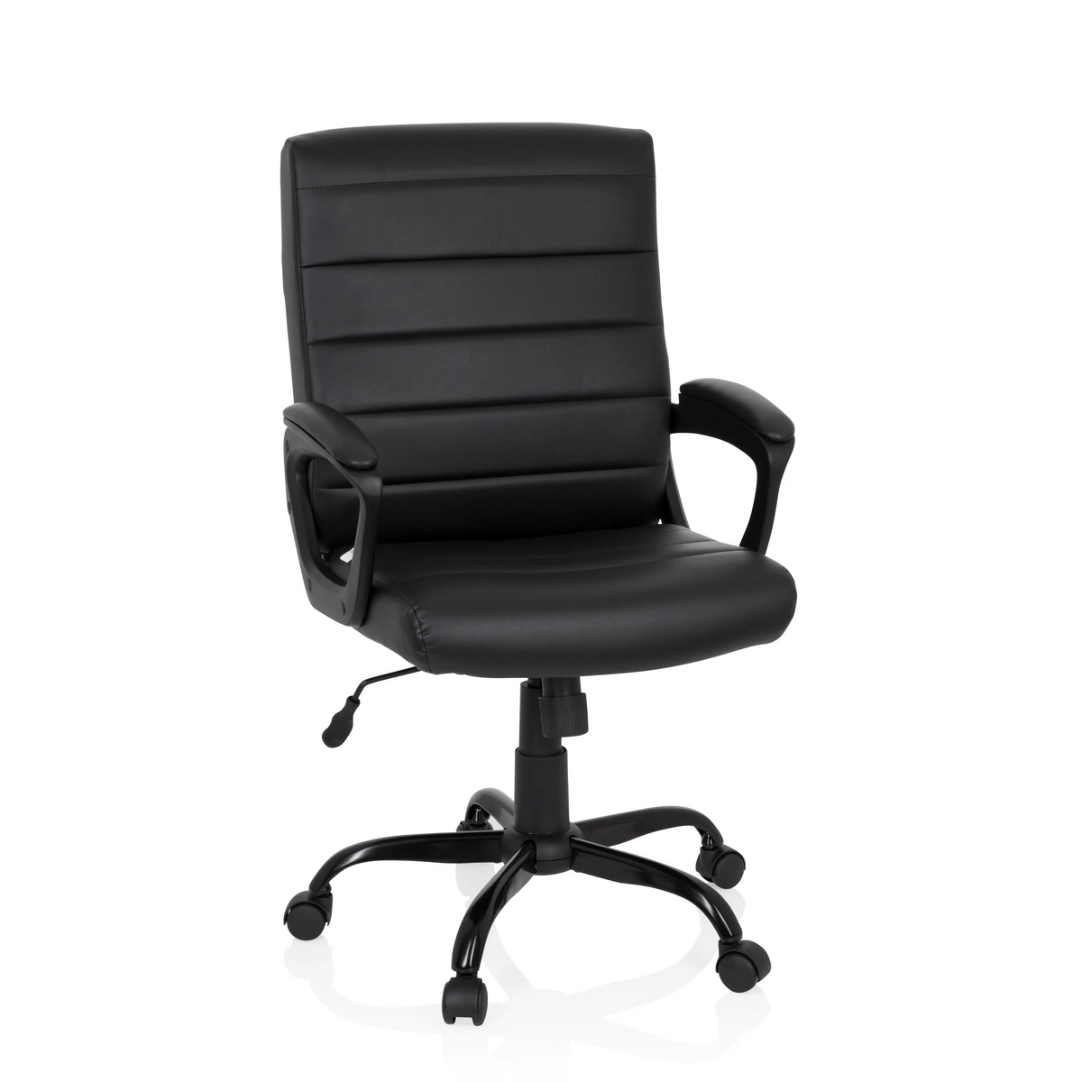 Schwarzer Homeoffice Chefsessel ERGOSMOOTH BIG mit gesteppter Polsterung und Fußkreuz mit fünf Rollen von hjh OFFICE – 360-Grad-Ansicht (Frontansicht 20°)
