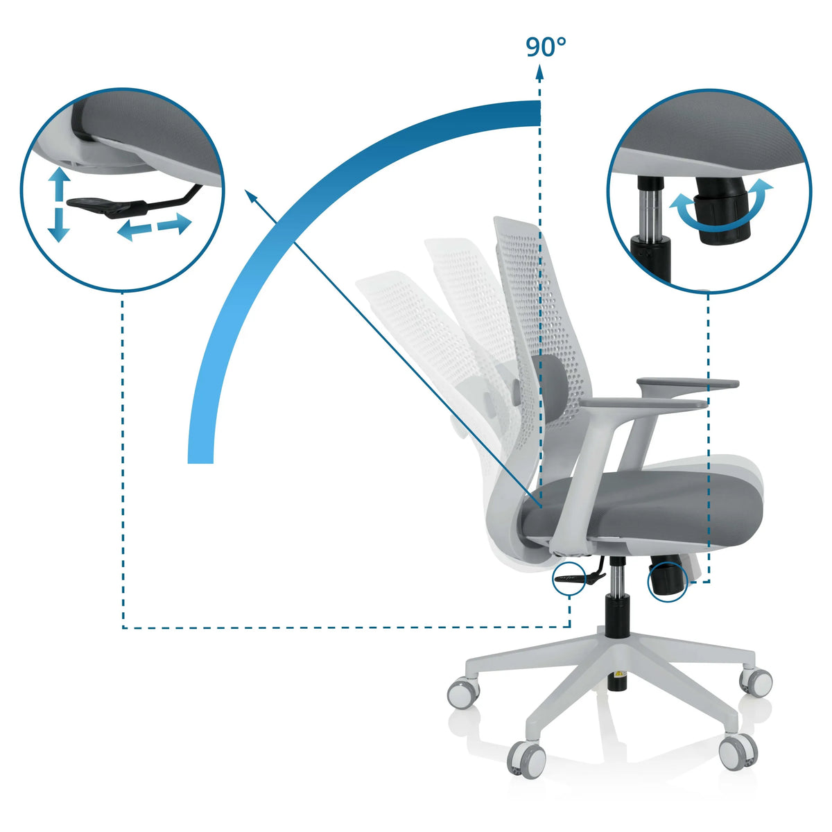 Verstellmechanismen des Homeoffice-Bürostuhls PARFERIO W mit 90 Grad Neigung und Höhenverstellung von hjh OFFICE