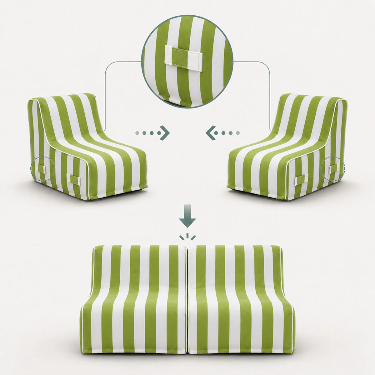 Zusammenfügbare Luftsofas Sitzolo Air in Grün-Weiß gestreift mit Klettverschlüssen von hjh LIVING