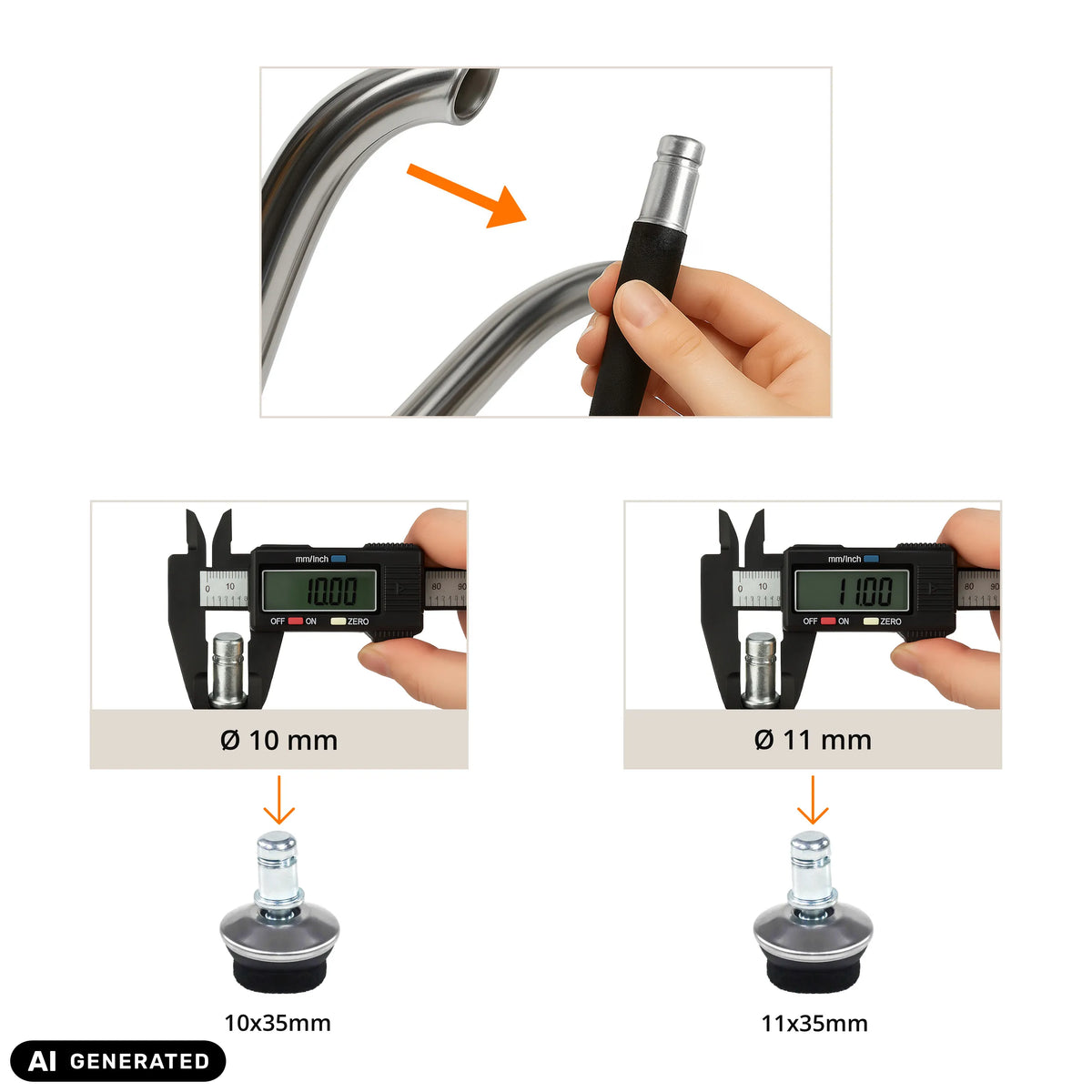 Messung des Stuhlgleiters 5 x STAND FZ mit einem Messschieber in 10 mm und 11 mm von hjh OFFICE (KI-generiertes Bild)