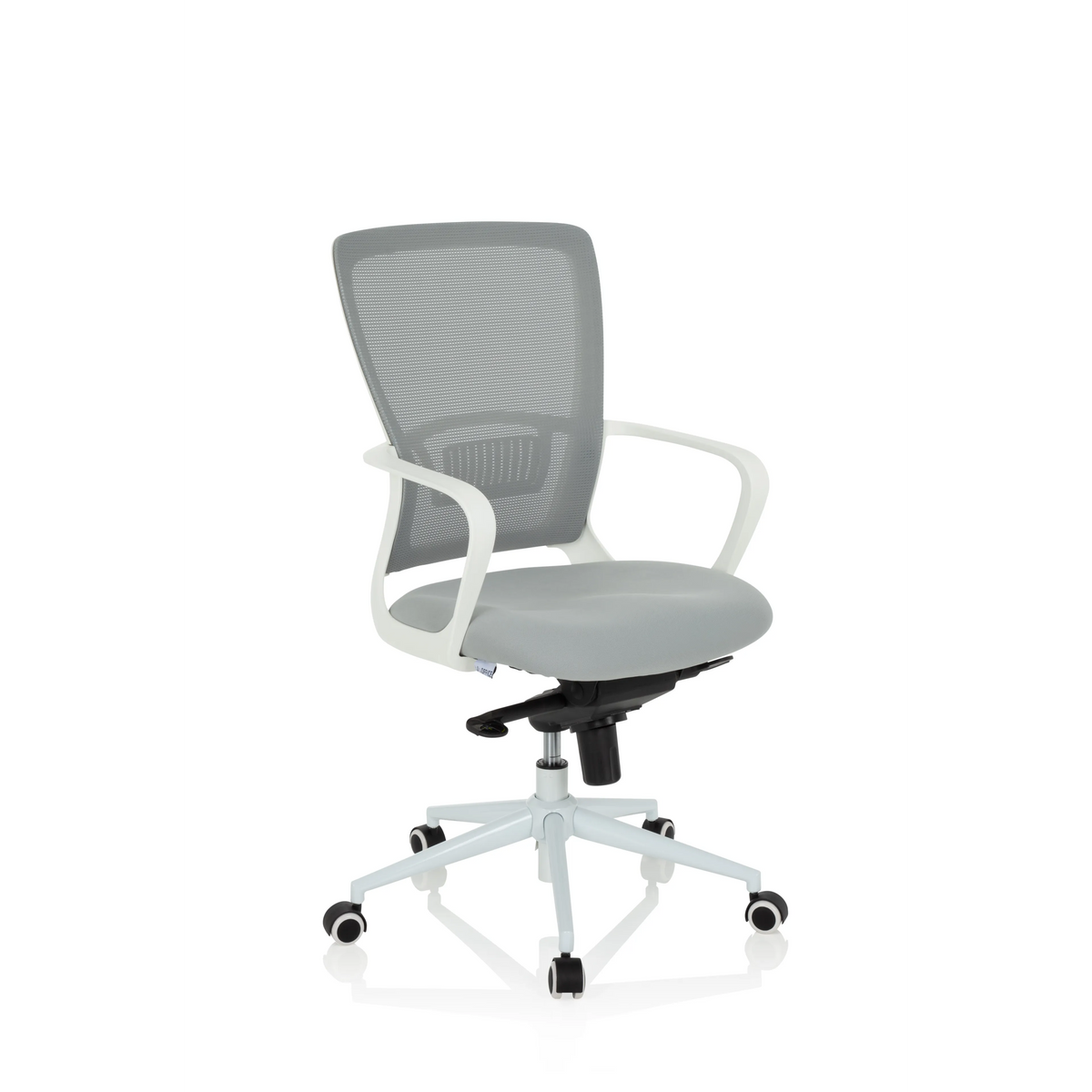 Grauer Homeoffice-Bürostuhl ESTRIA mit Netzrücken und Fußkreuz mit fünf Rollen von hjh OFFICE – 360-Grad-Ansicht (schräge Frontansicht 40°)