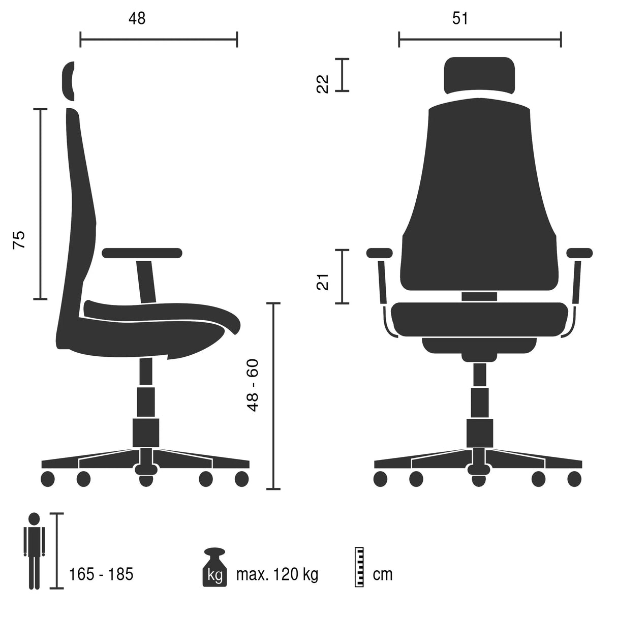 Technische Zeichnung des Home-Office-Chefsessels Relax Legoro mit einer maximalen Belastbarkeit von 120 kg von MyBuero
