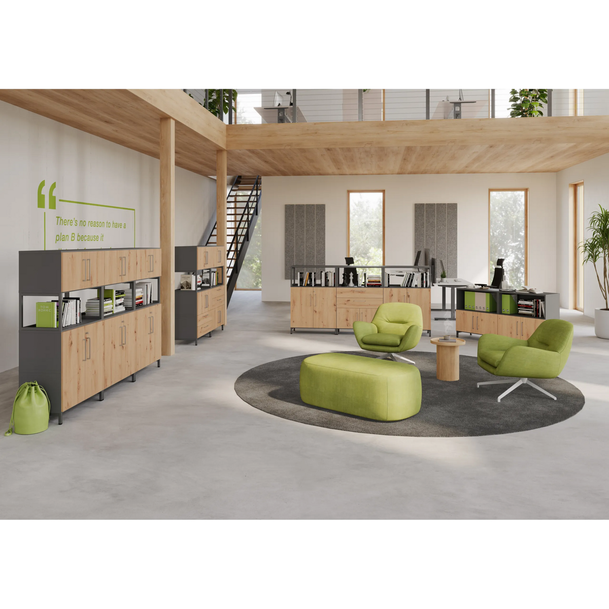 Modulares Regalsystem der Serie FlexWall mit Korpus in Graphit und Holzelementen von hjh OFFICE PRO