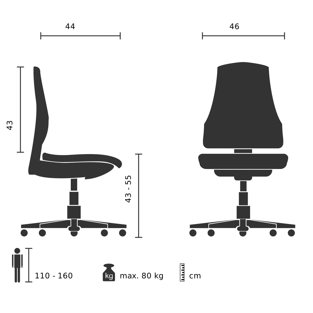 Technische Zeichnung des Kinderdrehstuhls KID YU 200 mit einer Breite von 46 cm von hjh OFFICE