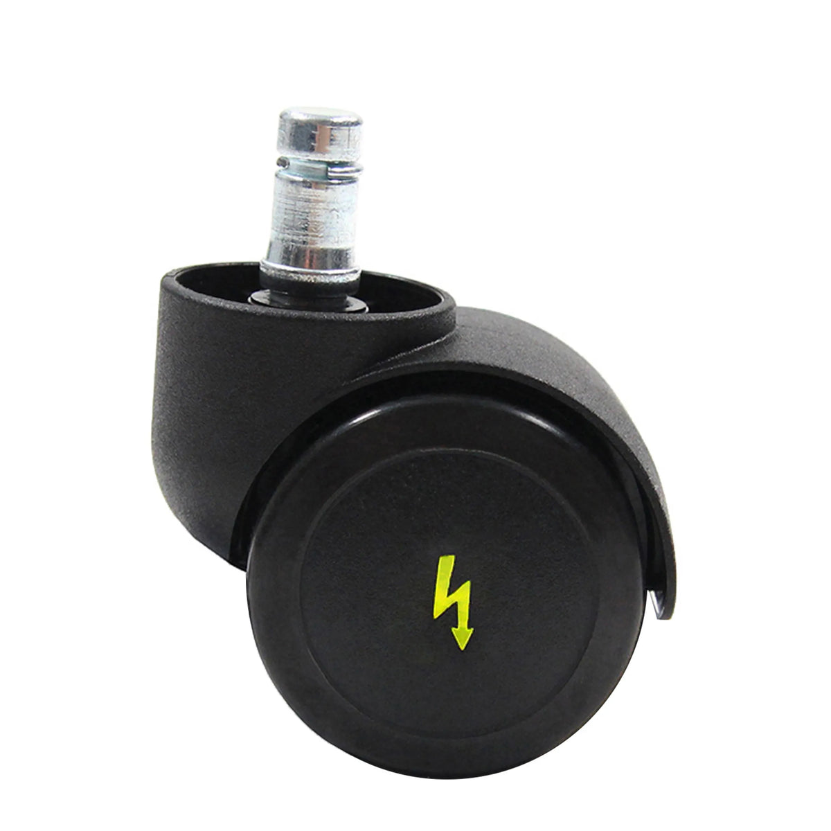 Schwarze Stuhlrolle 5x ROLO ESD 10mm/50mm für Hartböden mit silbernem Bolzen und gelbem Blitzsymbol von hjh OFFICE