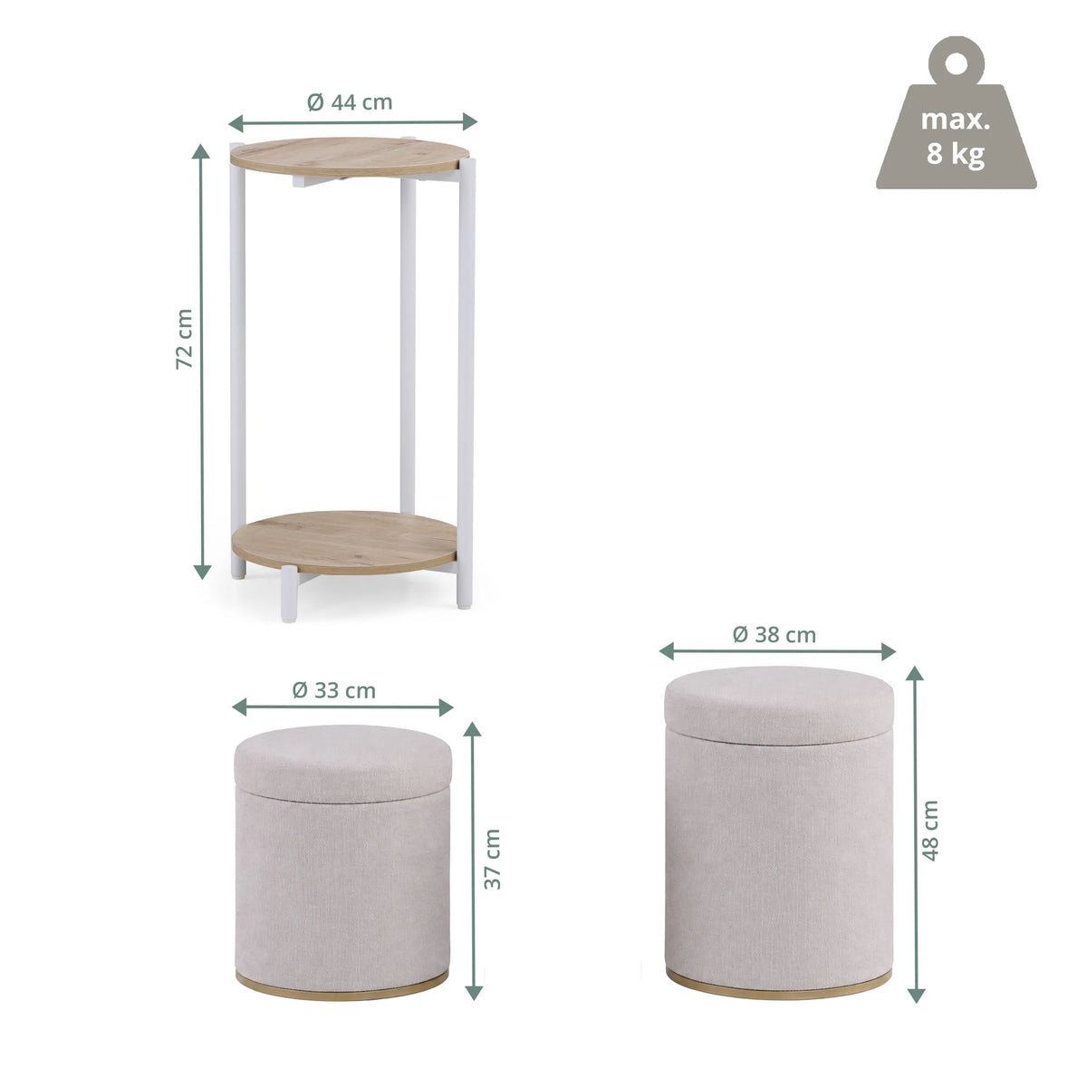 Maßzeichnung des Beistelltisches Nestup 1 mit einer Höhe von 72 cm und einem Durchmesser von 44 cm von hjh LIVING