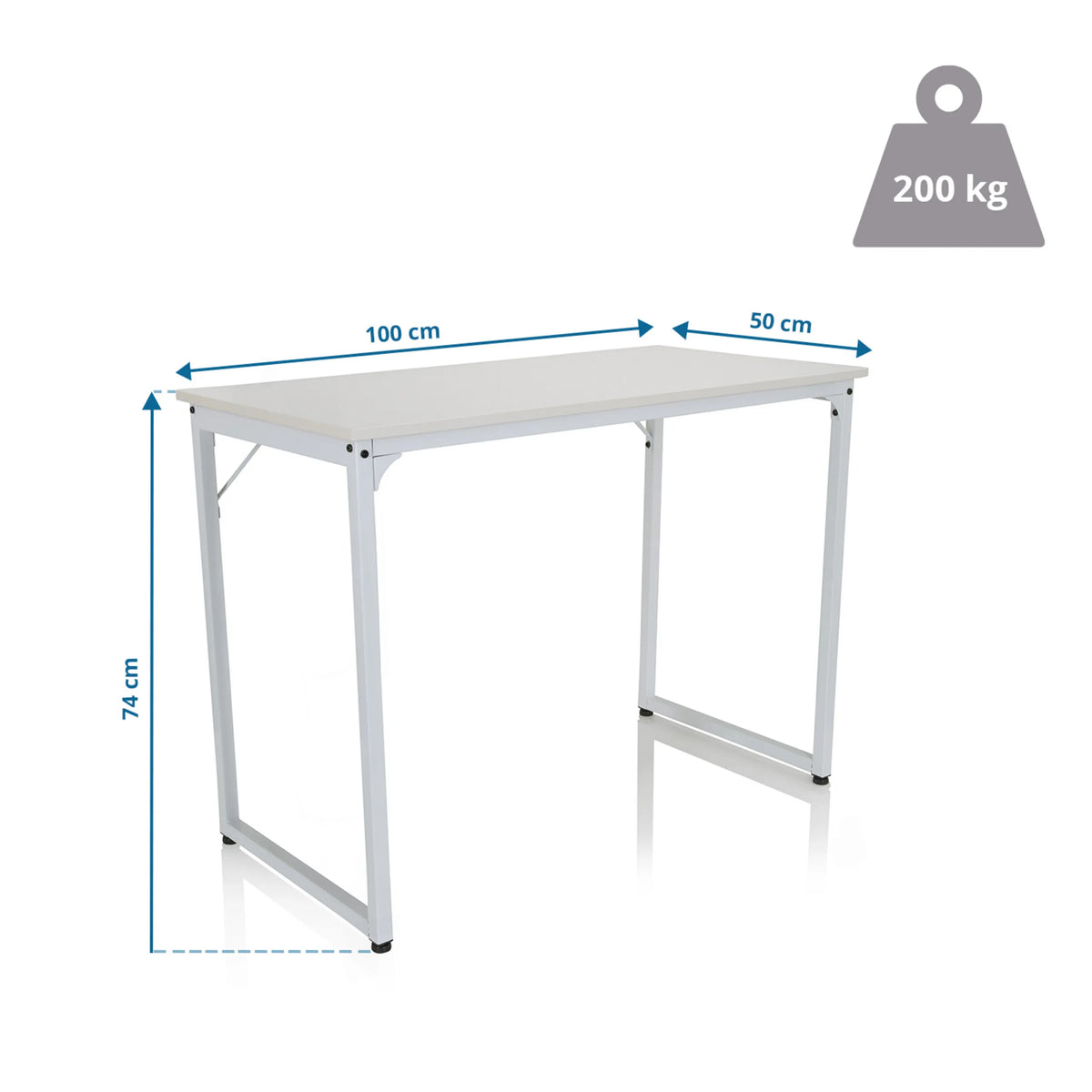 Maßzeichnung des Schreibtischs WORKSPACE I mit 100 × 50 cm und 200 kg Belastbarkeit von hjh OFFICE
