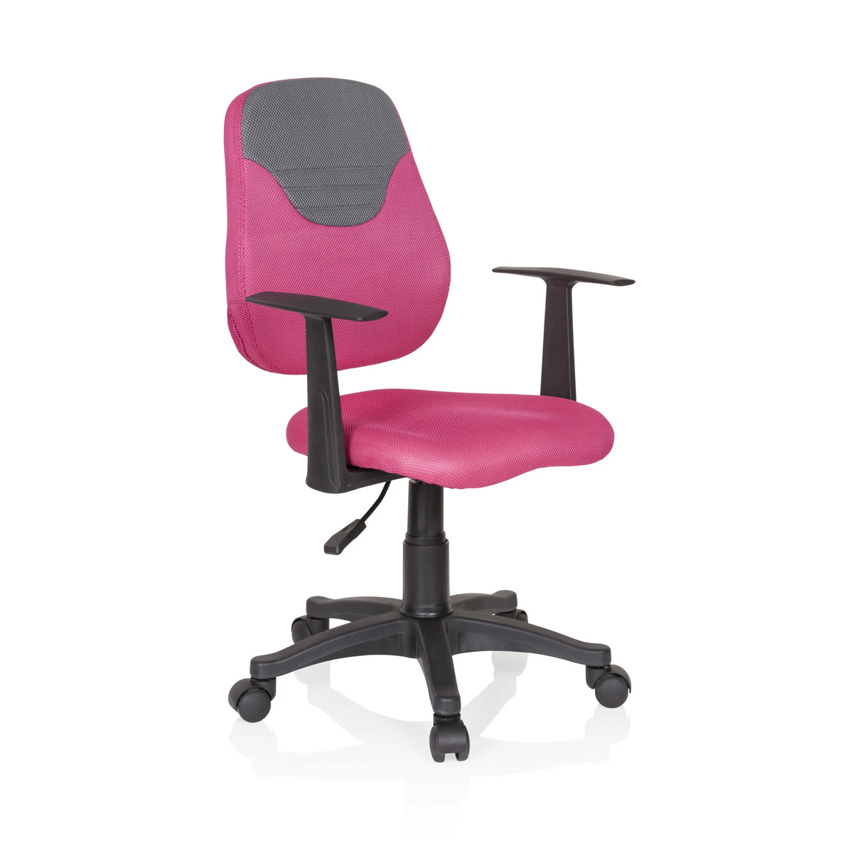 Pink-grauer Kinderdrehstuhl KIDDY STYLE mit Netzrücken und Fußkreuz mit fünf Rollen von hjh OFFICE – 360-Grad-Ansicht (schräge Frontansicht 40°)