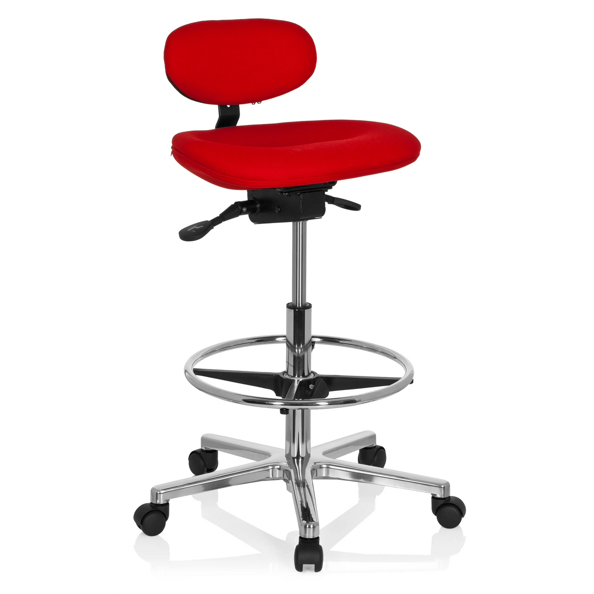 Roter Counterstuhl WORK MF mit Fußring und Fußkreuz mit fünf Rollen von hjh OFFICE – 360-Grad-Ansicht (schräge Frontansicht 40°)
