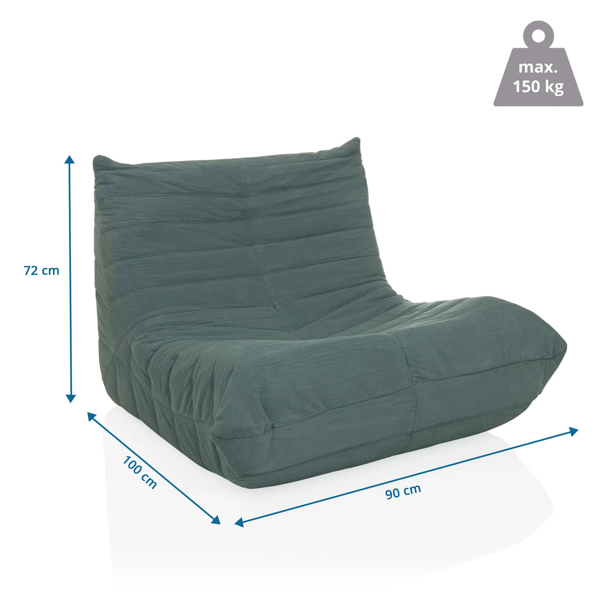 Maßansicht des Loungesessels Sitzolo in Taubenblau mit 100 × 90 cm von hjh LIVING