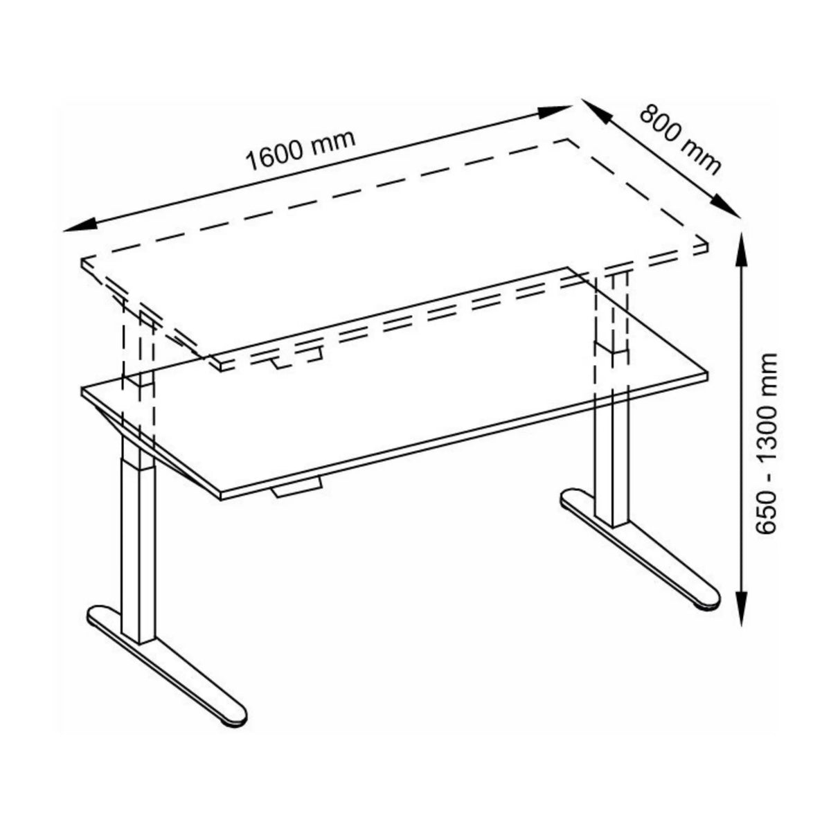 Technische Zeichnung des Schreibtischs XBHM 16 WW mit 1600 × 800 mm von hjh OFFICE PRO