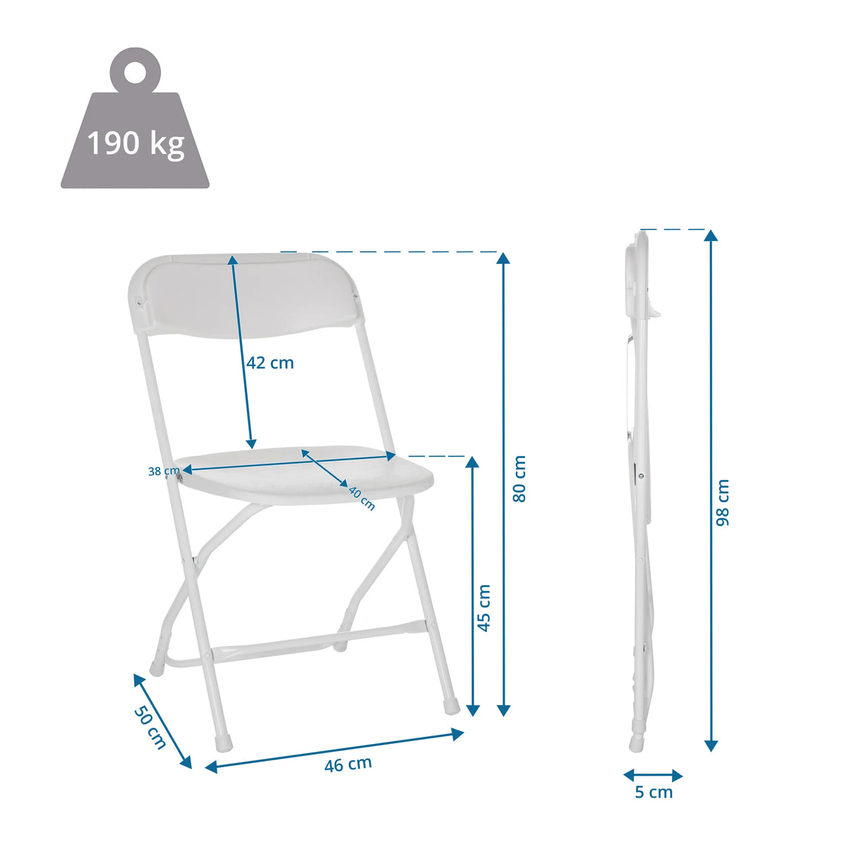 Technische Zeichnung des Outdoor Stuhls TUDELA XXL W mit 80 cm Höhe und 190 kg Belastbarkeit von hjh OFFICE