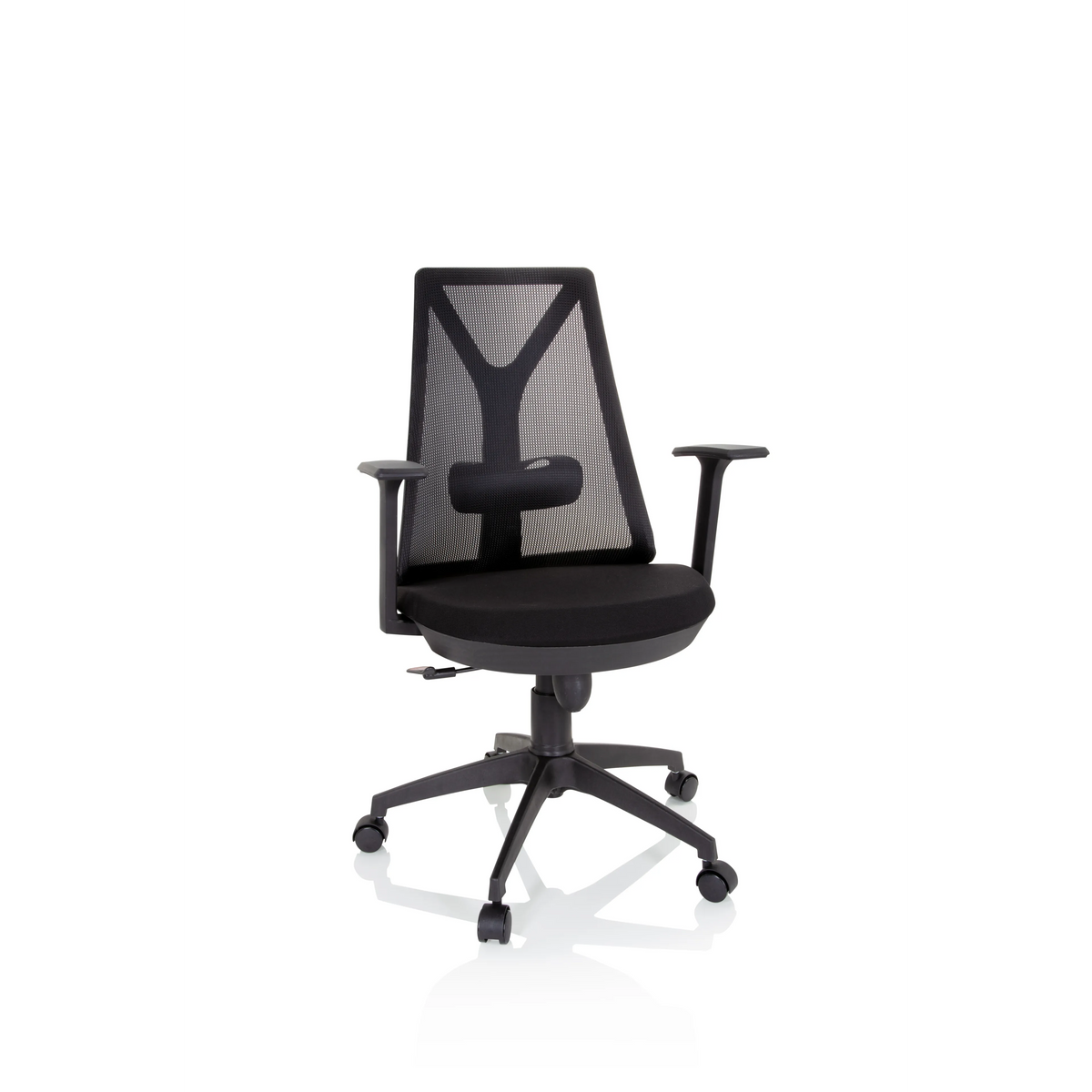 Schwarzer Homeoffice-Bürostuhl FALUN BASIC mit Netzrücken und Fußkreuz mit fünf Rollen von hjh OFFICE – 360-Grad-Ansicht (Frontansicht 20°)