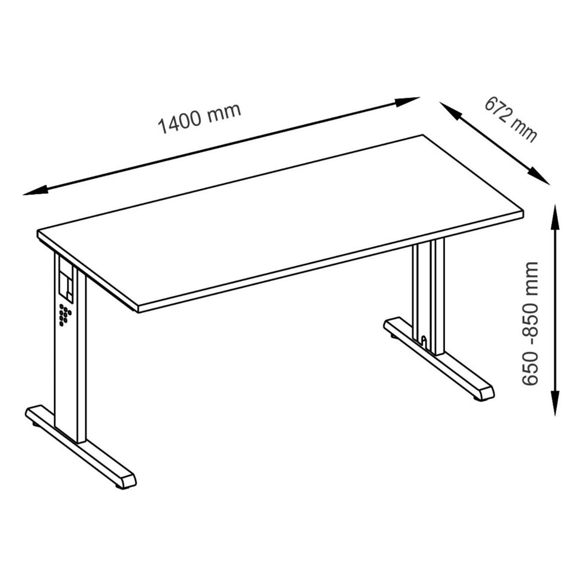 Maßzeichnung des höhenverstellbaren Schreibtischs MEGA 614 W mit den Maßen 1400 x 672 mm von hjh OFFICE PRO