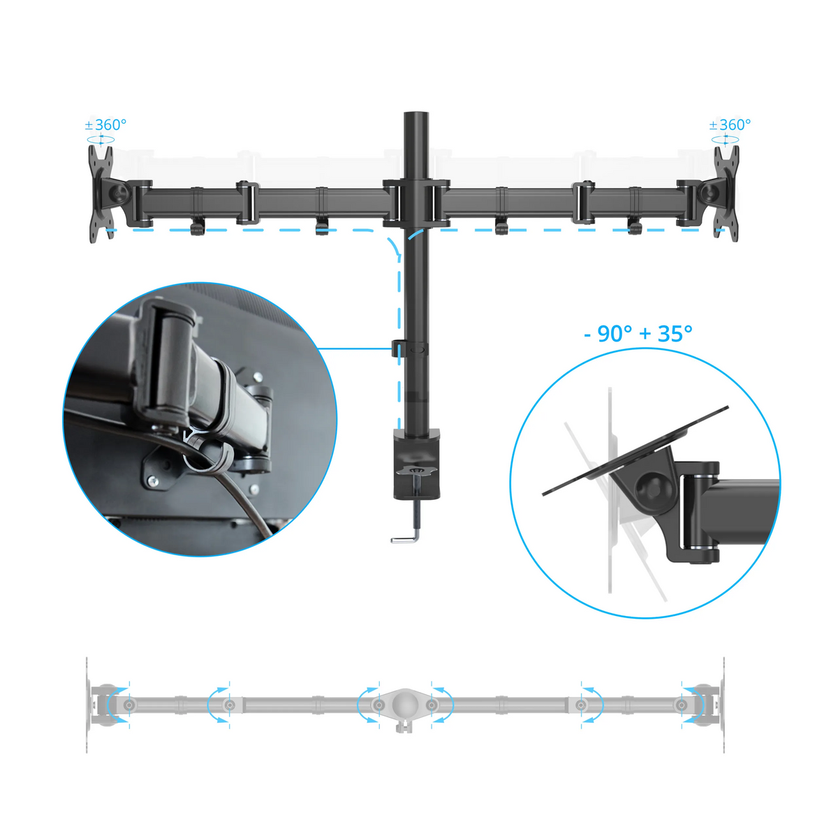 Verstellmöglichkeiten der Monitorhalterung VM-MF2 mit Drehung um 360° und Neigung von -90° bis +35° von hjh OFFICE